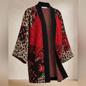 Alice + Olivia WOOL Koko Kimono Cardigan Leopard Paisley Mob Wife Maximalist OS